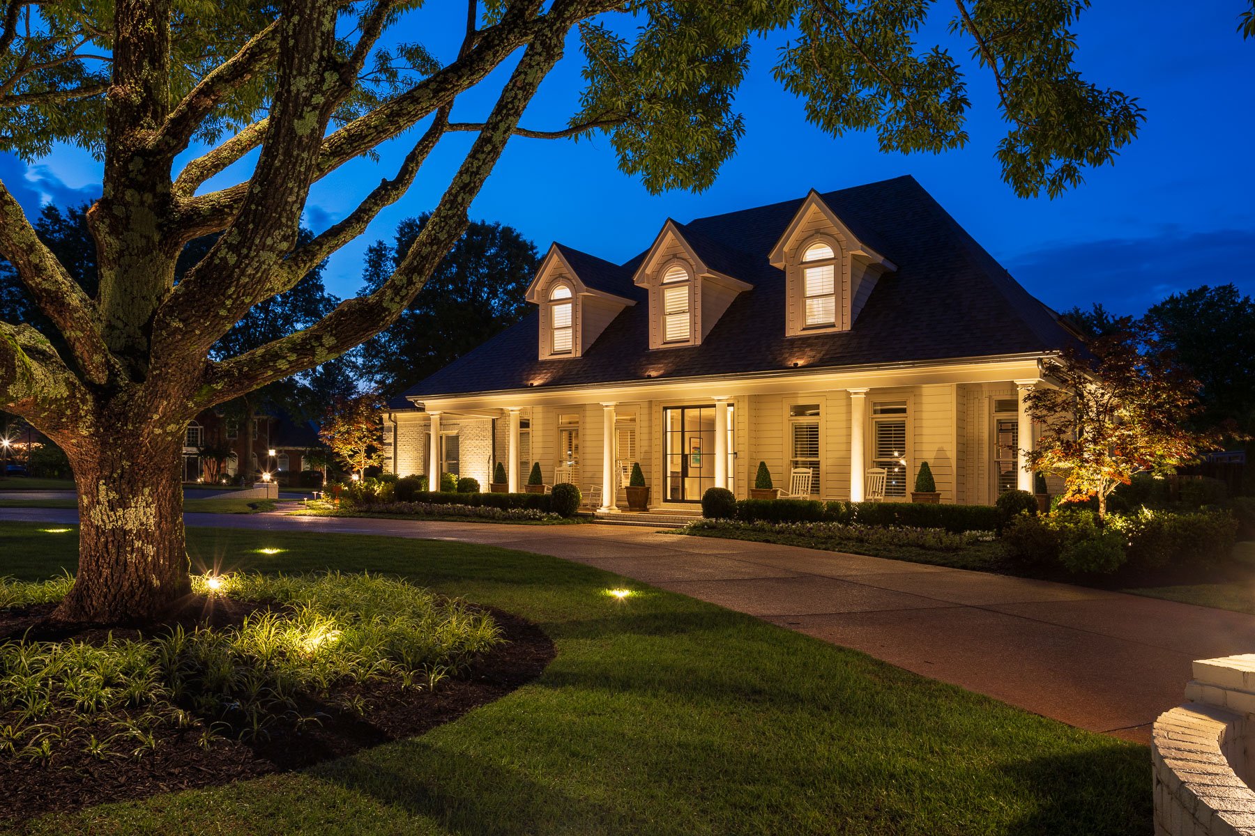 nice home lighting driveway tree ring planting bed