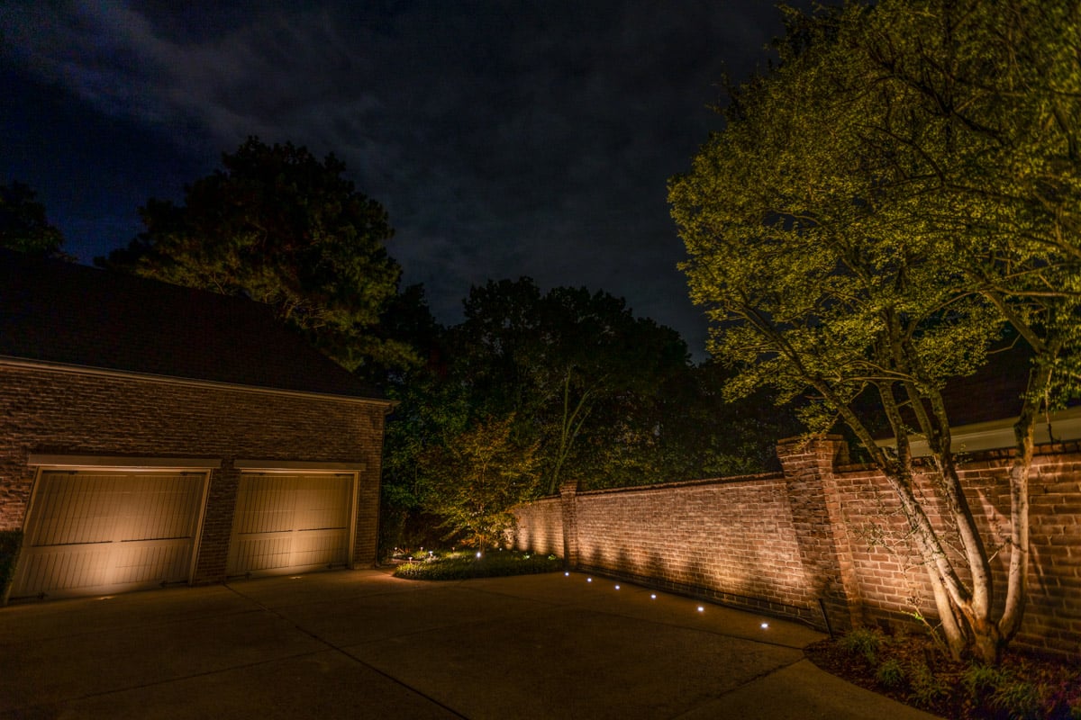 Residential Landscaping lighting driveway garage door uplighting