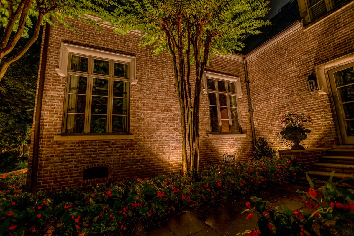 Residential Landscaping lighting side entrance tree uplighting