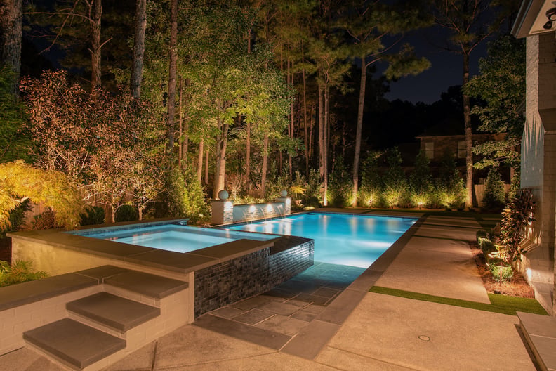 backyard pool surrounded by trees and landscape lighting