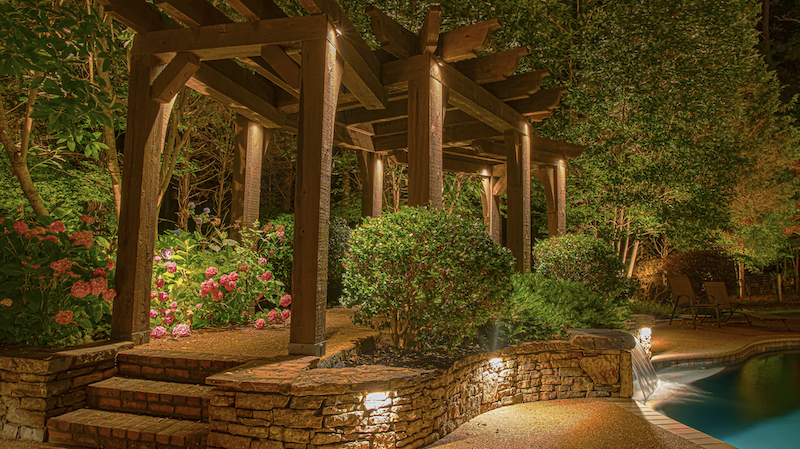 LED ambiance marker lightings in backyard around pool