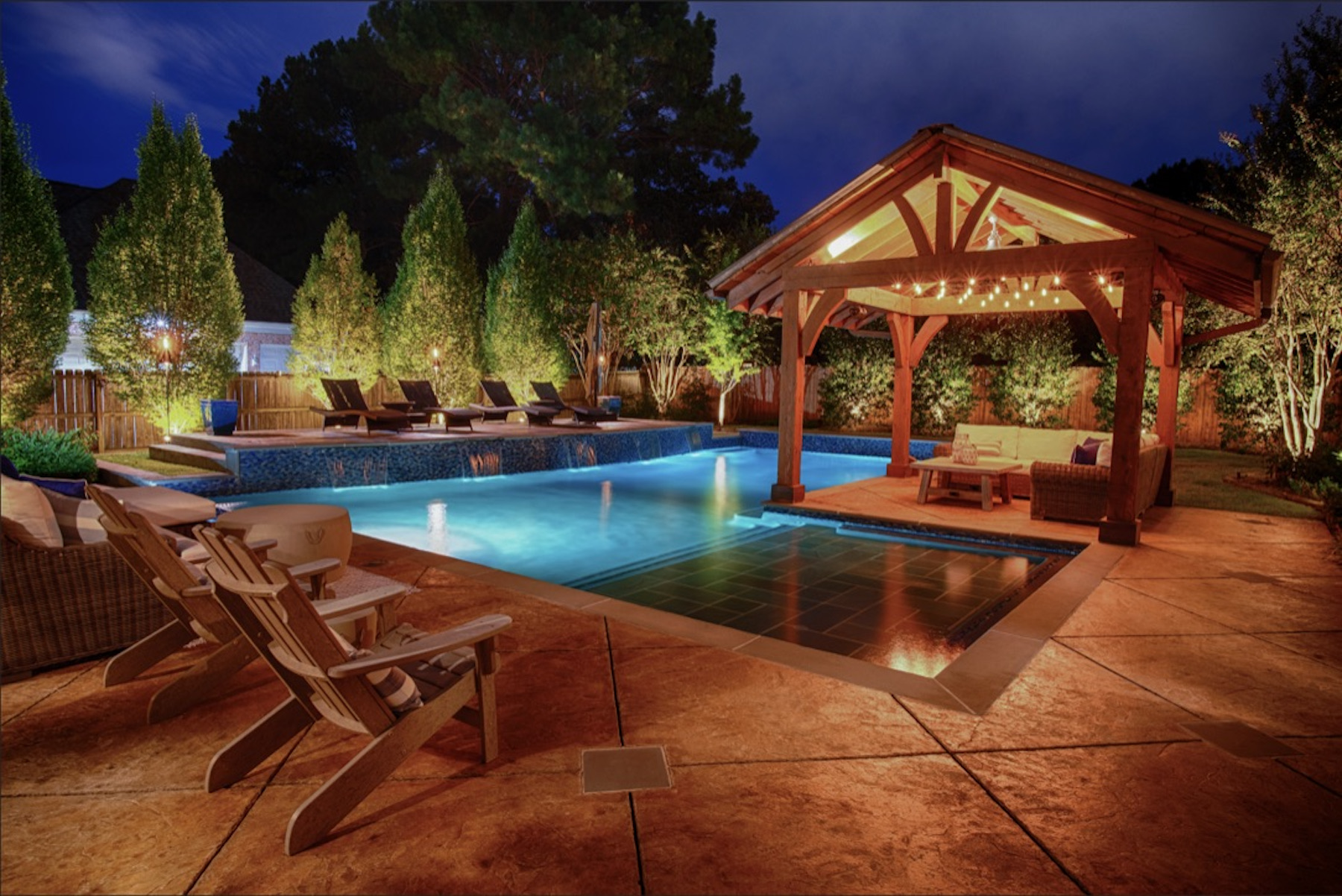 Pool and patio lighting with tree uplighting